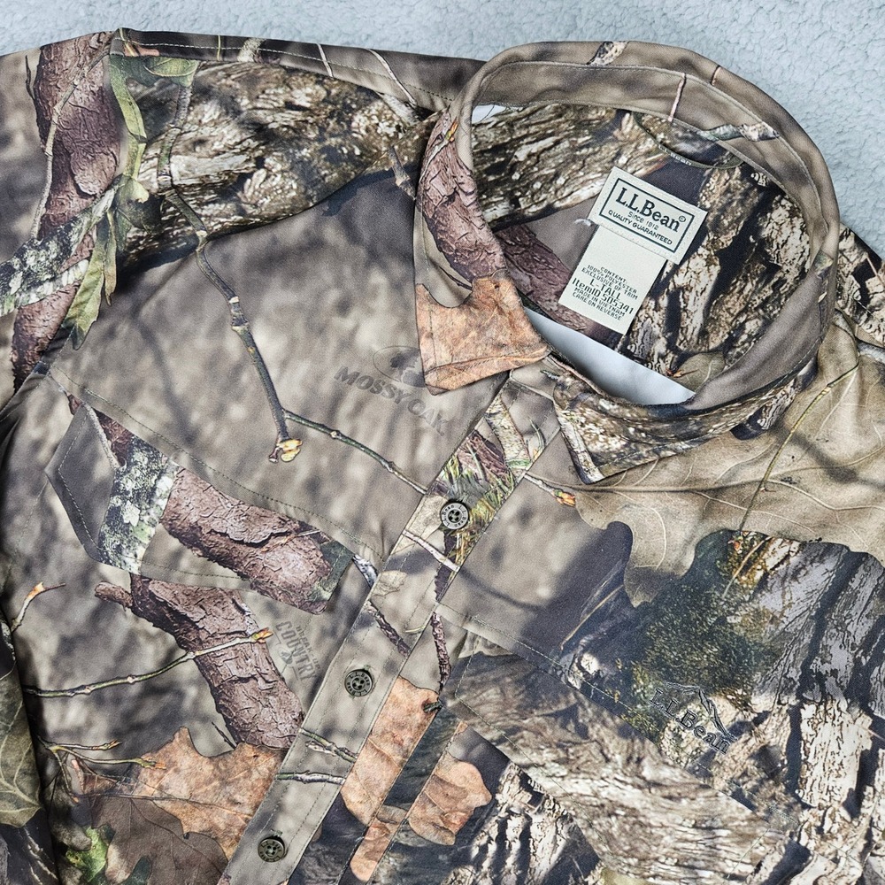 L.L. Bean Mens Large Tall Brown Camo Button Up Shirt Mossy Oak Hunting Gorpcore